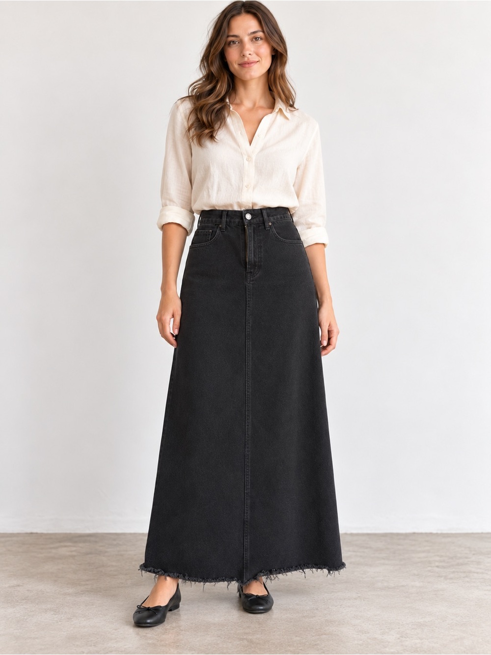 SHEIN High Waisted Black Maxi Denim Skirt with Frayed Hem